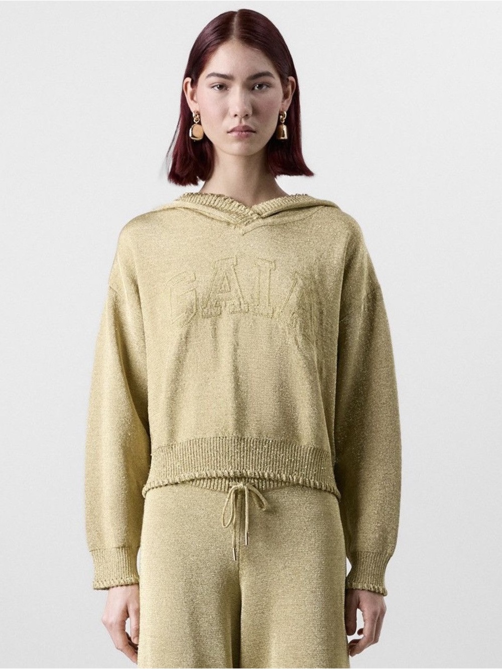 GAP x Cult GAIA Metallic Light Gold Hooded Knit Top